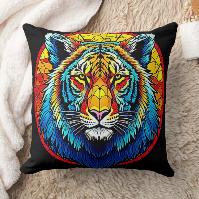 Vibrant Tiger Stained Glass Throw Pillow (Blanket)