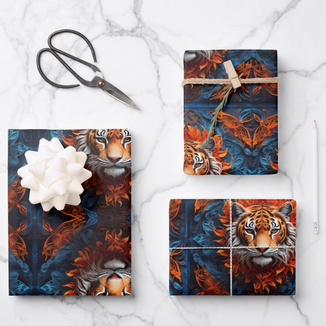 Vibrant Tiger with Floral Motifs Wrapping Paper Sheets (Front)