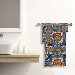 Vibrant Traditional Mexican Talavera Tiles Bath Towel Set