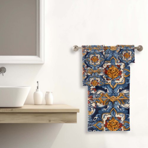 Vibrant Traditional Mexican Talavera Tiles Bath Towel Set