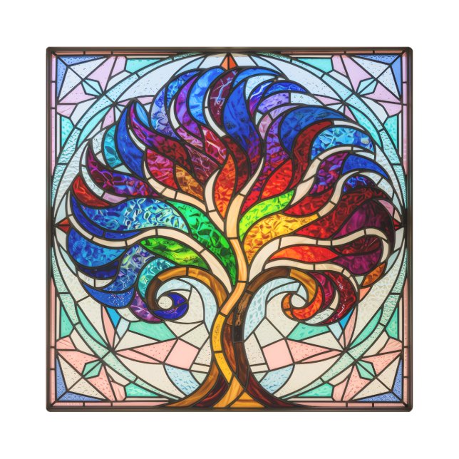 Vibrant Tree of Life – Rainbow Stained Glass Metal Metal Print (Front)