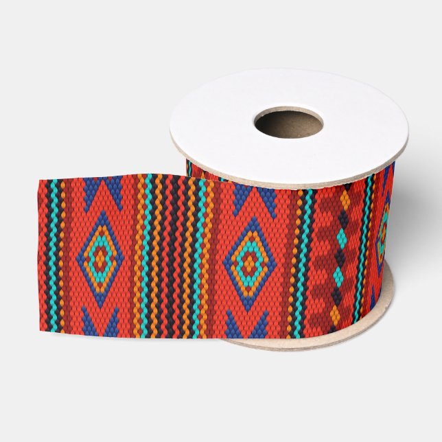 Vibrant Tribal Geometric Boho Ethnic Pattern Grosgrain Ribbon (Spool)