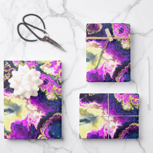 Vibrant Trippy Boho Hippie Fractal Marble Art Wrapping Paper Sheets (Front)