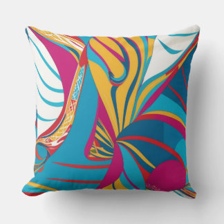 Vibrant Tropical Batik Fusion Abstract Leaves Throw Pillow