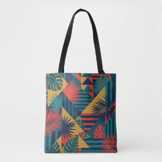 Vibrant Tropical Bauhaus Geometric Leaf Print Tote Bag