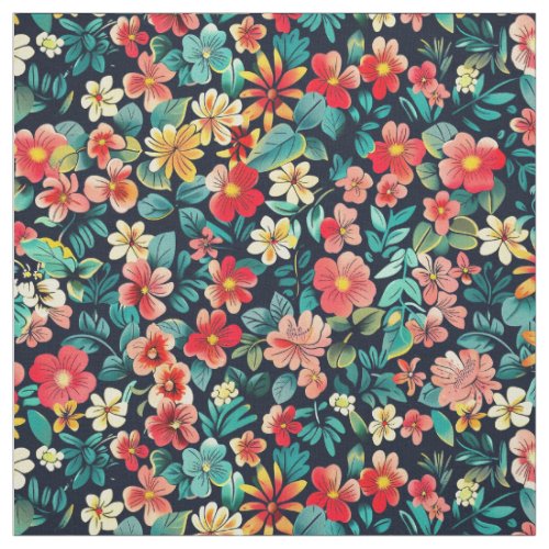 Vibrant Tropical Bloom Explosion on Midnight  Fabric