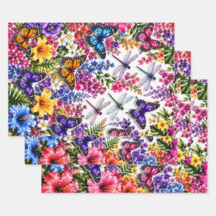 Vibrant Tropical Butterfly & Dragonfly Floral Wrapping Paper Sheets