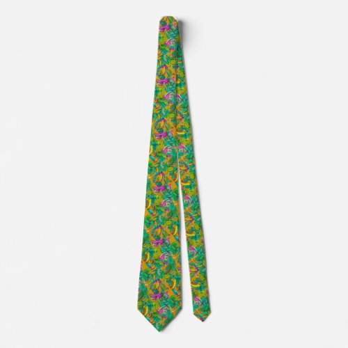 Vibrant tropical dragon pattern on orange neck tie