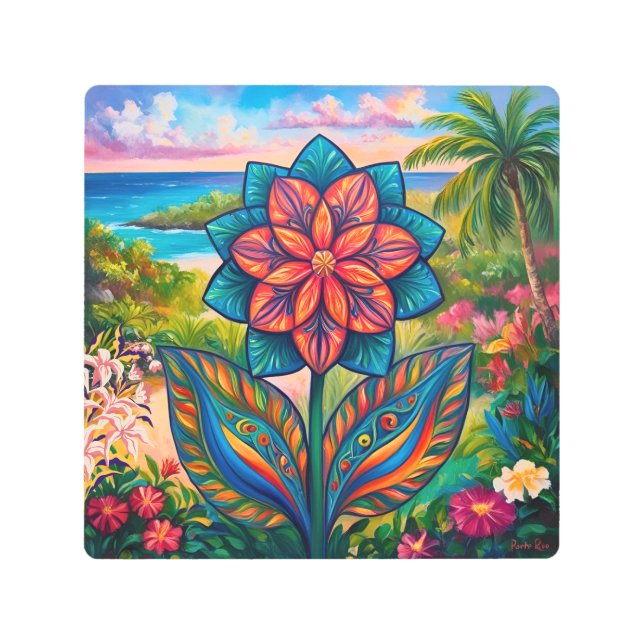 Vibrant Tropical Fantasy Flower in Paradise Metal Print (Front)