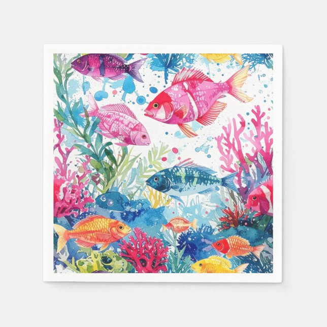 Vibrant Tropical Fish Watercolor Sea Life Pattern Napkins (Front)