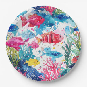 Vibrant Tropical Fish Watercolor Sea Life Pattern Paper Plates