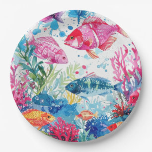 Vibrant Tropical Fish Watercolor Sea Life Pattern Paper Plates
