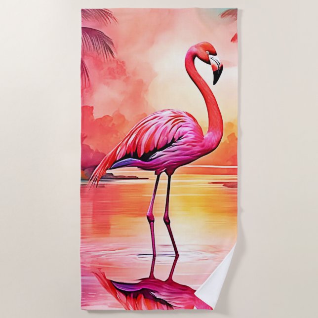 Vibrant Tropical Flamingo Glow Design Beach Towel (Front)