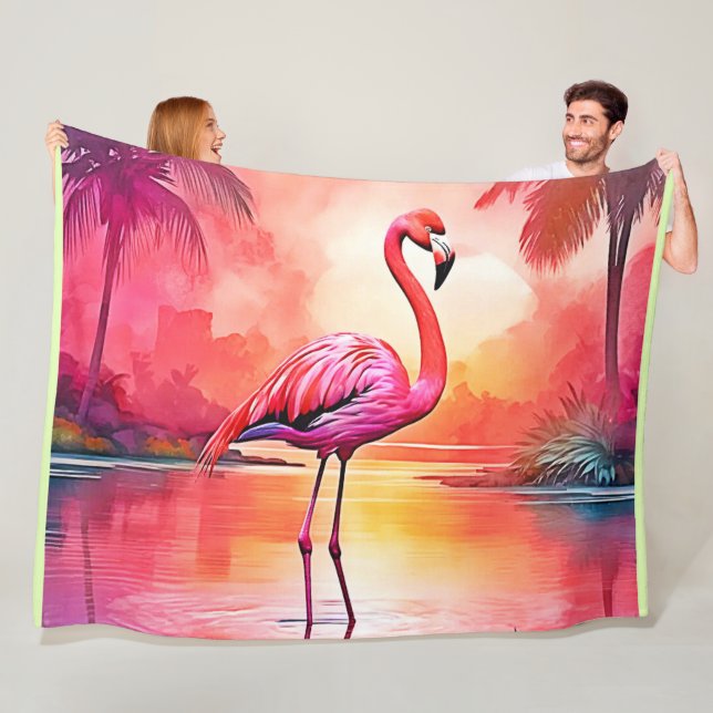 Vibrant Tropical Flamingo Glow Design Fleece Blanket (In Situ)