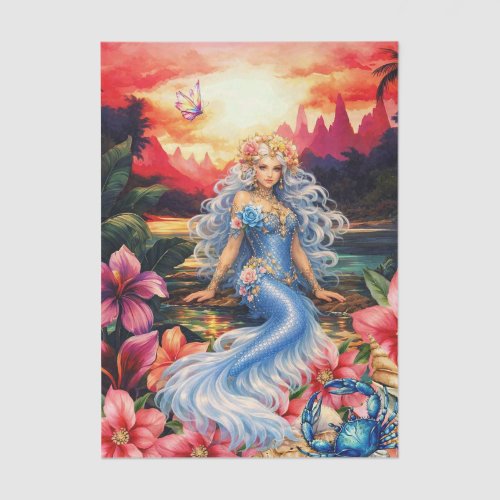 Vibrant Tropical Floral Blue Mermaid Decoupage Tissue Paper