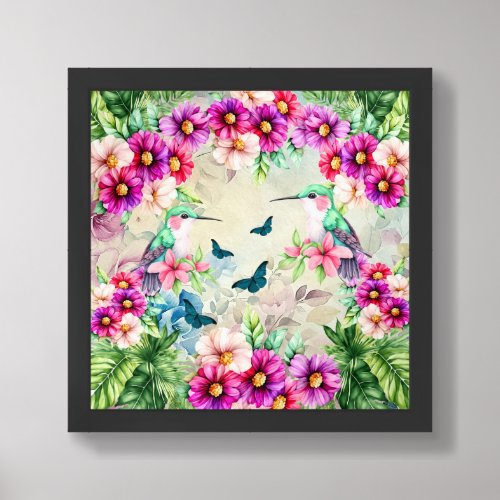 Vibrant Tropical Floral Hummingbird Jungle Scene Framed Art