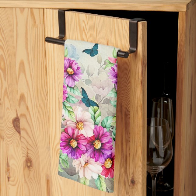 Vibrant Tropical Floral Hummingbirds Kitchen Towel (Thirds Fold)