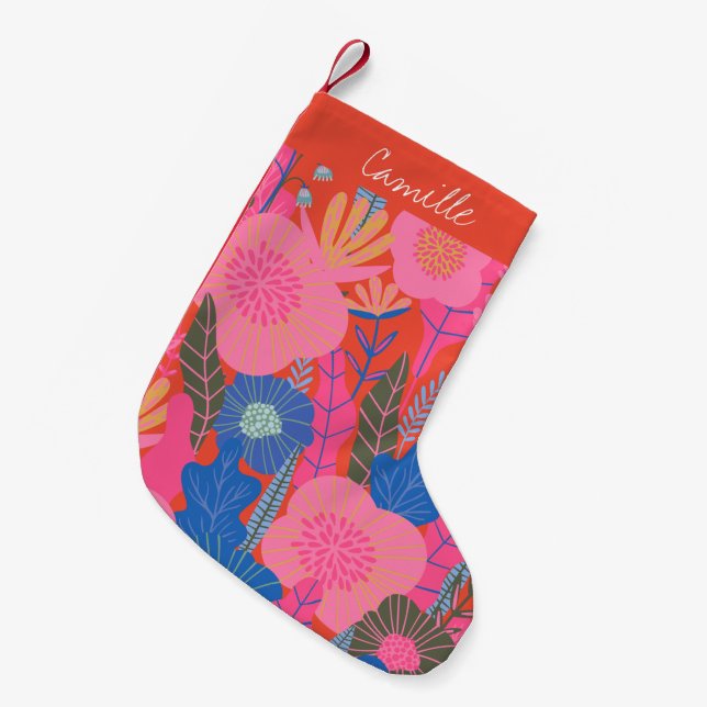 Vibrant Tropical Floral Jungle Red Personalized  Small Christmas Stocking (Front (Hanging))