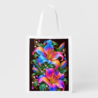 Vibrant Tropical Floral Neon Lily Grocery Bag