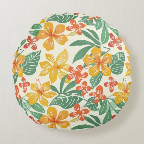 Vibrant Tropical Floral Pattern Round Pillow