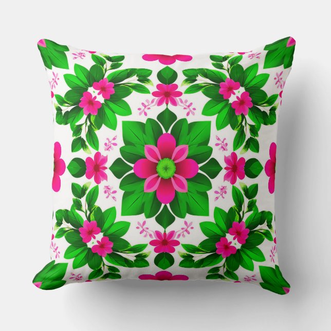 Vibrant Tropical Floral Pattern Throw Pillow (Front)