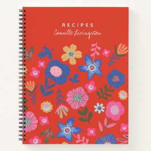 Vibrant Tropical Floral Red Personalized Recipe Notebook