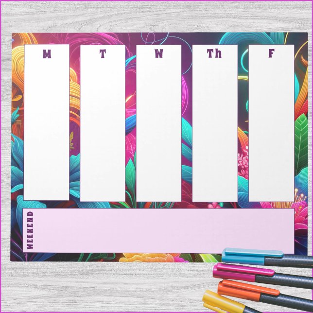 Vibrant Tropical Floral Weekly Calendar Notepad (5-day weekly horizontal calendar notepad with spot for weekend or notes. )