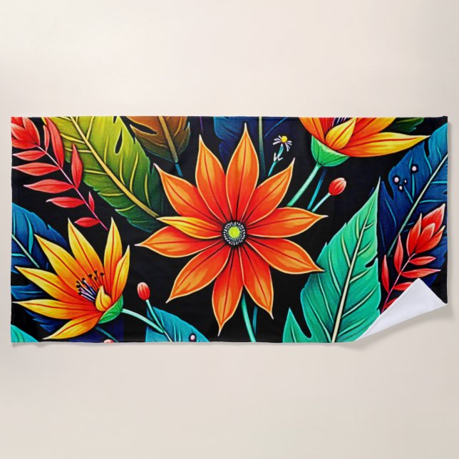 Vibrant Tropical Flower Art Beach Towel (Front)