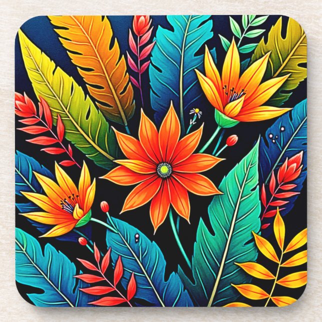 Vibrant Tropical Flower Art Beverage Coaster (Front)