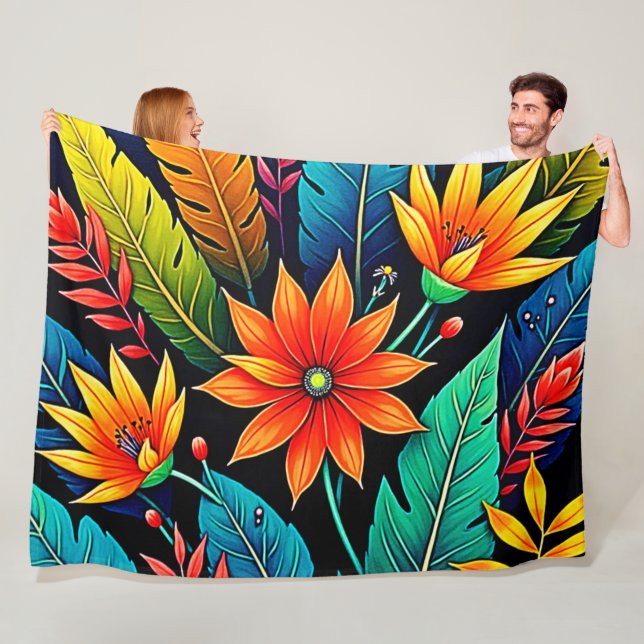 Vibrant Tropical Flower Art Fleece Blanket (In Situ)