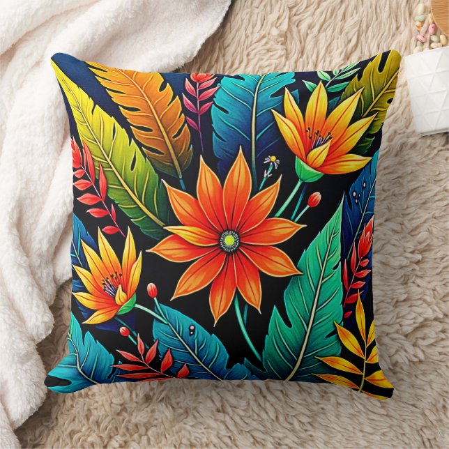 Vibrant Tropical Flower Art Throw Pillow (Blanket)