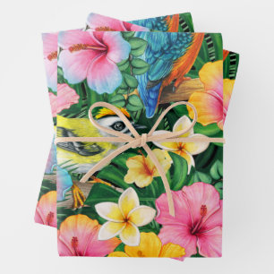 Vibrant Tropical Flowers and Birds Wrapping Paper Sheets