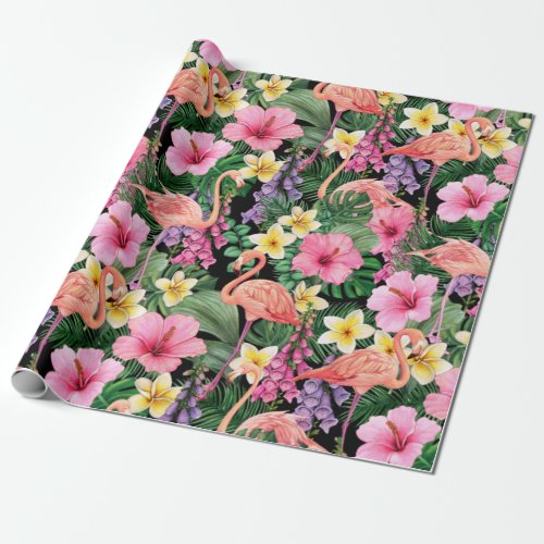 Vibrant Tropical Flowers and Flamingo Colorful Wrapping Paper