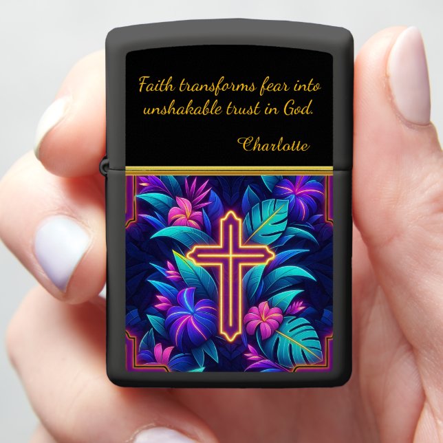 Vibrant Tropical Foliage With Glowing Cross Design Zippo Lighter (In Hand)