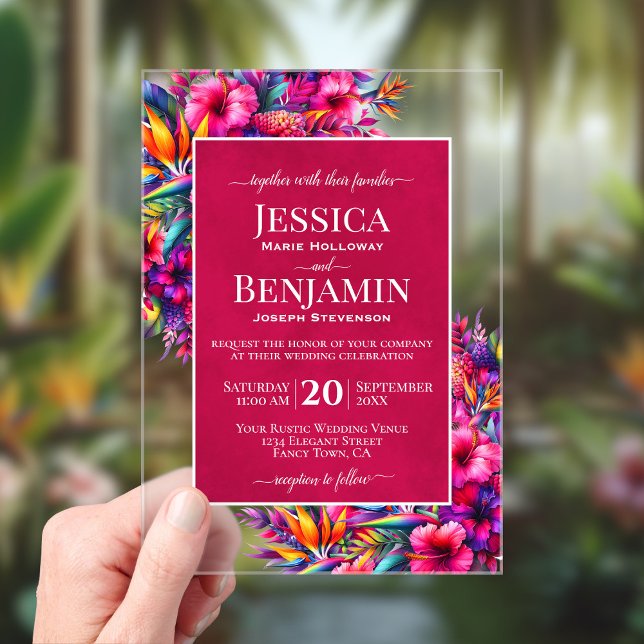 Vibrant Tropical Garden Stylish Text Wedding Acrylic Invitations (Clear Acrylic with Rectangle Cut)