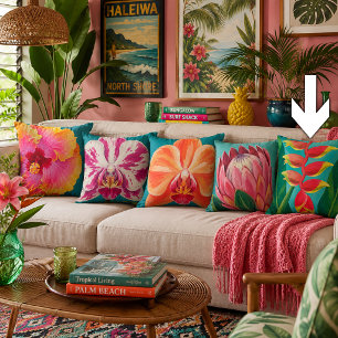 Vibrant Tropical Heliconia Flower Painting Teal Throw Pillow