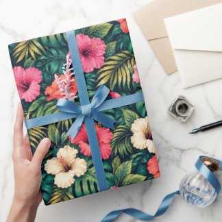 Vibrant Tropical Hibiscus and Monstera Wrapping Paper
