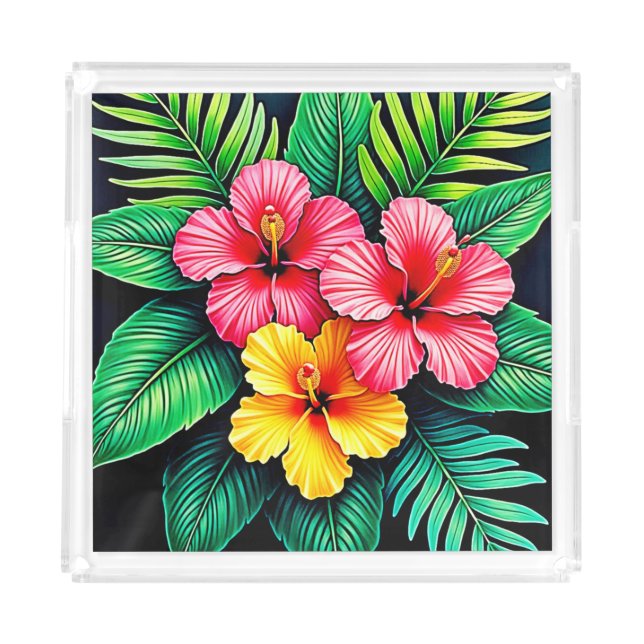 Vibrant Tropical Hibiscus Art Acrylic Tray (Front)