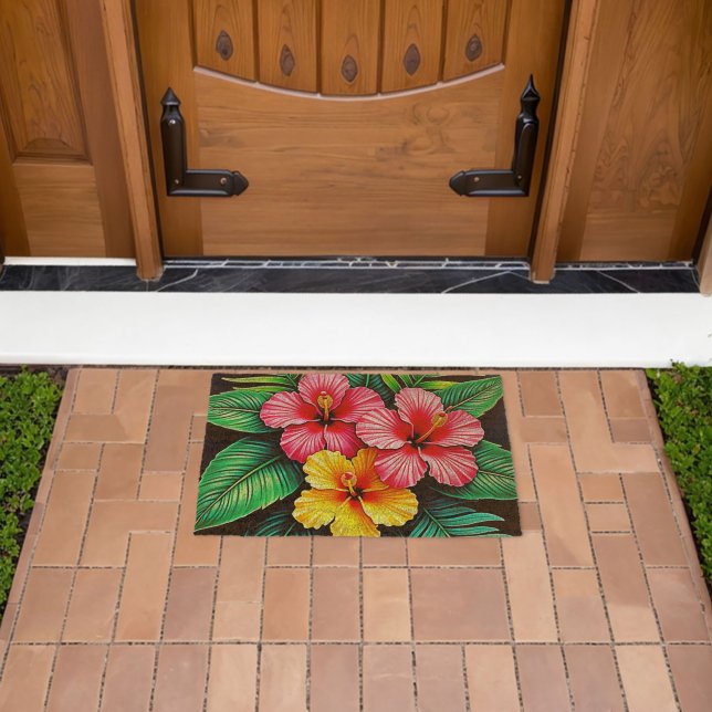 Vibrant Tropical Hibiscus Art Fiber Doormat (Insitu (Outdoor))