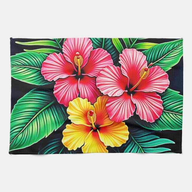 Vibrant Tropical Hibiscus Art Kitchen Towel (Horizontal)