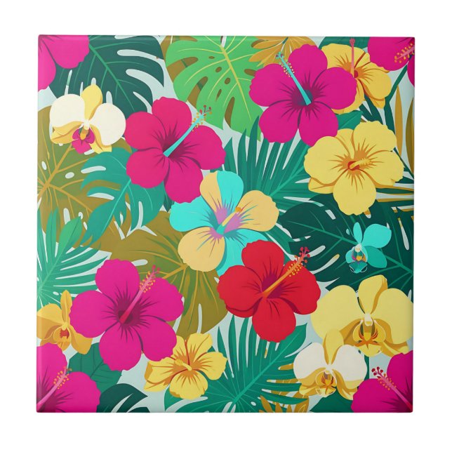 Vibrant Tropical Hibiscus Floral Pattern Ceramic Tile (Front)