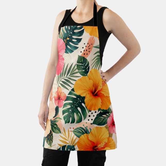 Vibrant Tropical Hibiscus Floral Seamless Pattern Apron (Insitu)
