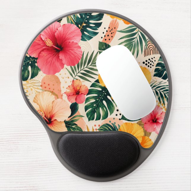 Vibrant tropical hibiscus floral seamless pattern gel mouse pad