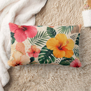 Vibrant Tropical Hibiscus Floral Seamless Pattern Lumbar Pillow