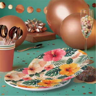 Vibrant Tropical Hibiscus Floral Seamless Pattern Paper Plates