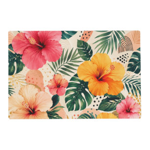 Vibrant Tropical Hibiscus Floral Seamless Pattern Placemat