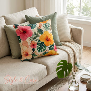 Vibrant Tropical Hibiscus Floral Seamless Pattern Throw Pillow