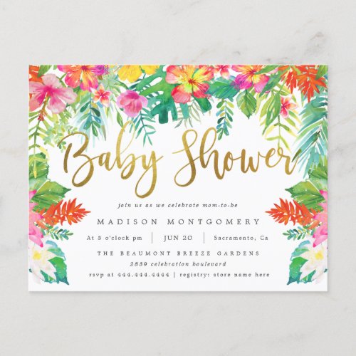 Vibrant Tropical Hibiscus Foliage Gold Baby Shower Invitation Postcard
