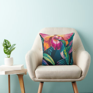Vibrant Tropical Hummingbird and Orchid Throw Pillow