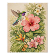 Vibrant Tropical Hummingbird Botanical Hibiscus